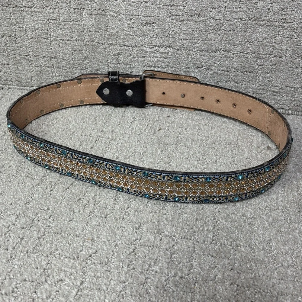 Custom Western Bling Belt Leather Tooled Texas Longhorn Buckle Rhinestone Blue L